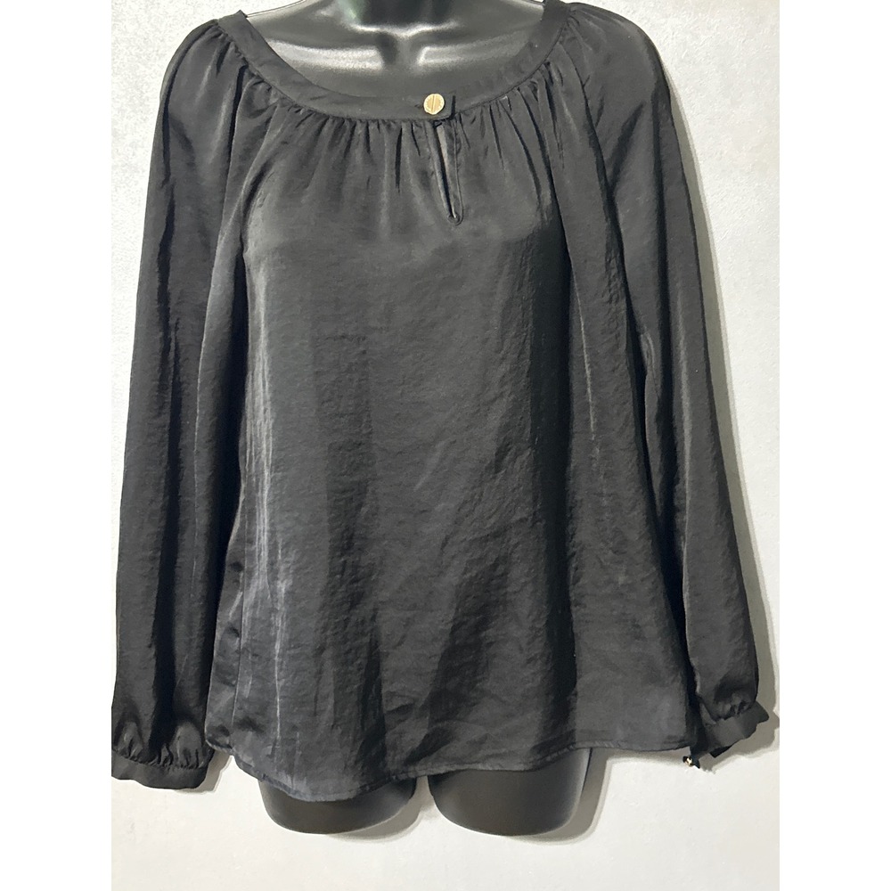 Michael Kors Black Long Sleeve Pleated Scoop Neck Blouse Gold Button‎ Size 4 - Picture 2 of 6